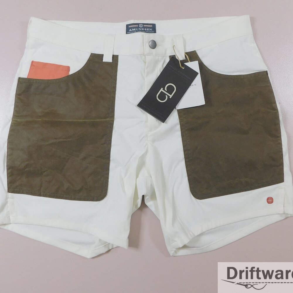 AMUNDSEN Mens Large Off White Waxed 7" FIELD Shorts Halley Stevensons NEW